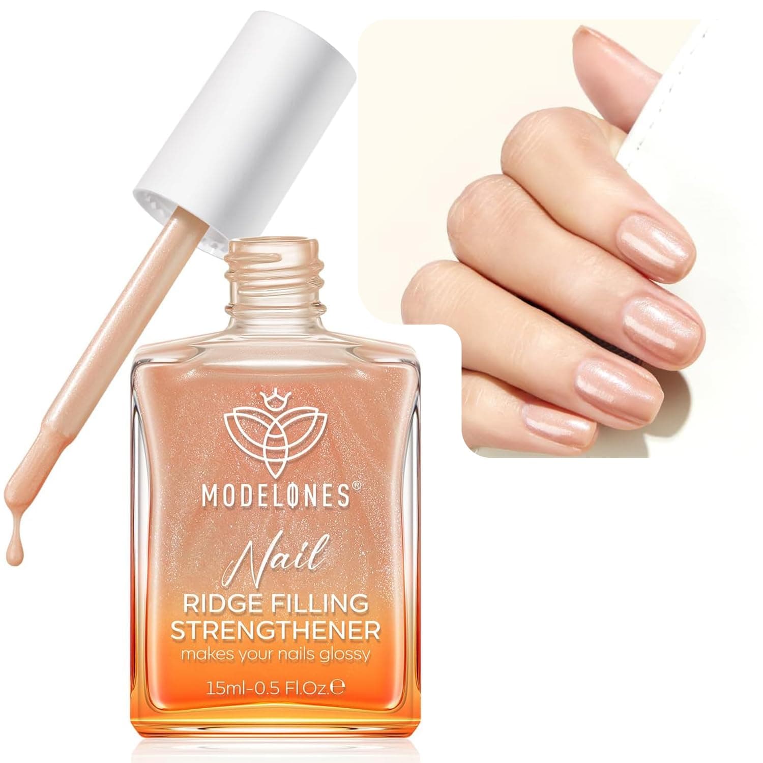 Modelones Nail Care 8 in one Ridge Filling Strengthener Treatment, Nail Polish Strengthener for Damaged and Weak Nails, Nail Hardener Extra Strong and Growth Smoothing Glitter Nude Nail Varnish 15ml