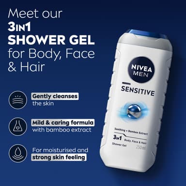 NIVEA MEN Sensitive Shower Gel Pack of 6 (6 x 250 ml), Alcohol-Free Sensitive Skin Body Wash, Gentle Shower Gel Men with Bamboo Extract, Body Wash for Men with Irritated Skin view 2