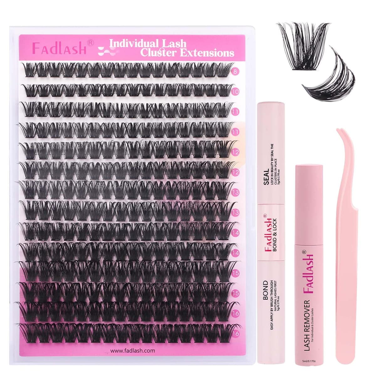FADLASH 100D 0.07mm D Curl 8-16mm with Bond and Seal, Remover and Tweezers Fluffy Wispy Cluster Lashes DIY Eyelash Extensions