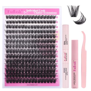 FADLASH 100D 0.07mm D Curl 8-16mm with Bond and Seal, Remover and Tweezers Fluffy Wispy Cluster Lashes DIY Eyelash Extensions view 1