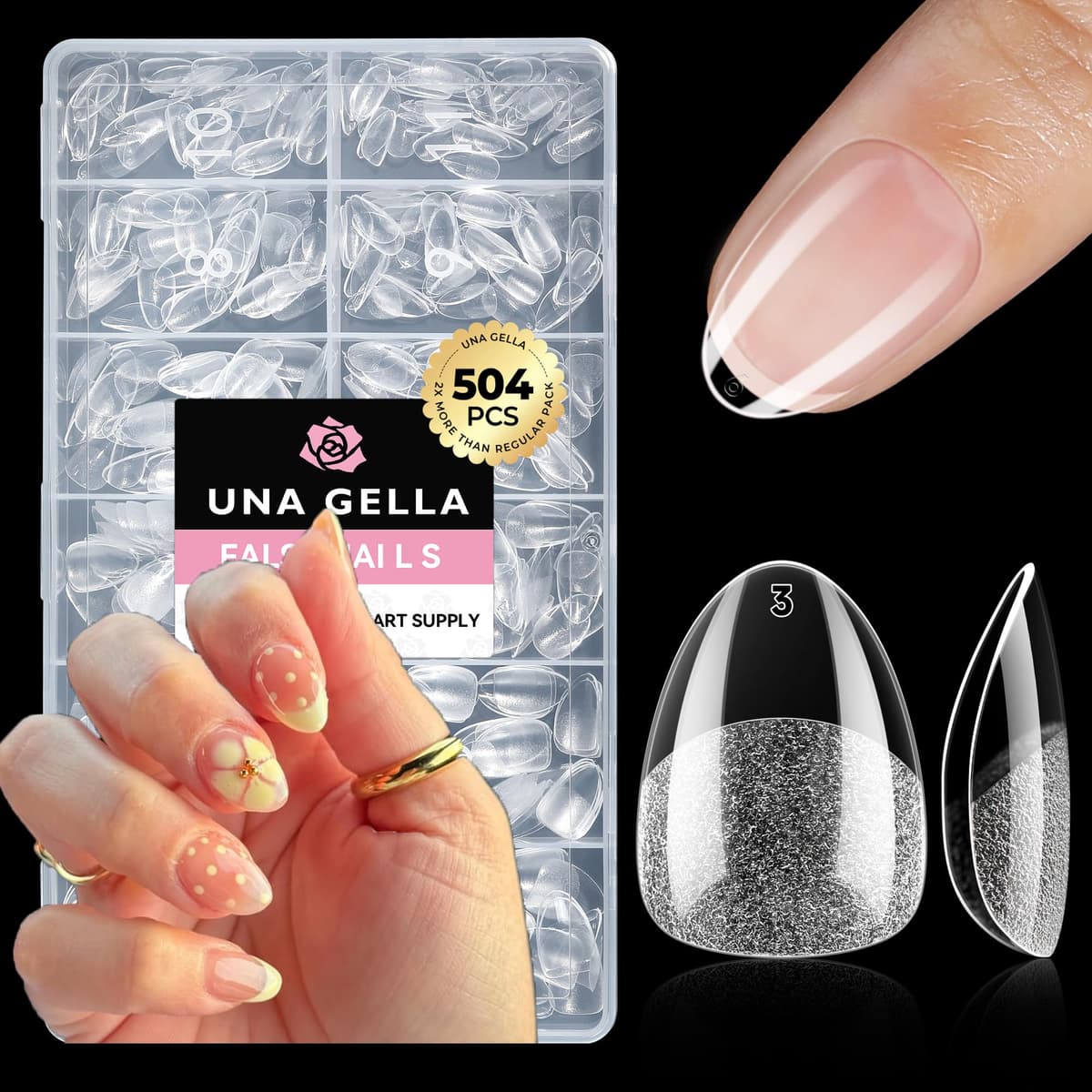 UNA GELLA Almond False Nails, 504Pcs Extra Short Almond Nail Tips Full Cover Soft Gel Nail Extensions Kit Clear Press on Nails for Home Art DIY 12 Sizes