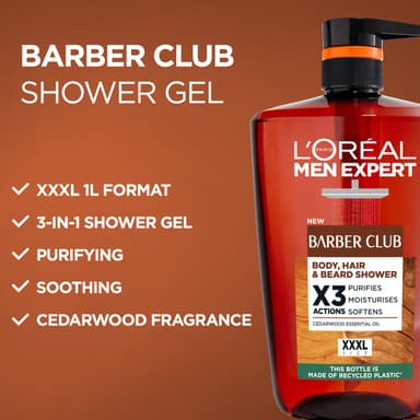 L'Oréal Men's Shower Gel, Men Expert Barber Club 3-in-1 Body Wash 1L Pump, Cedarwood Oil for Body, Hair & Beard Grooming, Deep Cleanse & Active Moisturisation view 4