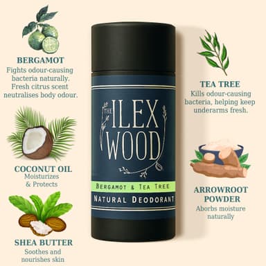 The Ilex Wood Natural Deodorant Stick 70ml – Handmade in UK, Aluminium Salts Free, Plastic Free, Alcohol Free, Vegan, Eco Friendly Cardboard Tube – Bergamot and Tea Tree (Citrus) view 3