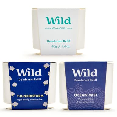 Wild - Natural Refillable Deodorant Variety Pack with Clean Fresh Scents - Aluminium Free - Scents Include Fresh Cotton & Sea Salt, Ocean Mist & Thunderstorm - Long Lasting Protection view 1