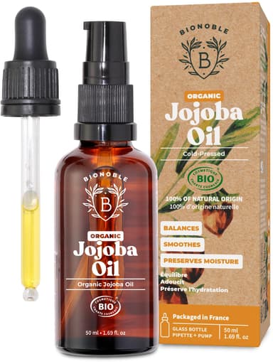 BIONOBLE Organic Jojoba Oil Cold Pressed Unrefined - Balances Sebum, Smoothes, Anti-Acne - 100% Pure Jojoba Oil for Skin, Face, Hair, Body - Vegan, Hexane Free - Glass Bottle, Pipette and Pump - 50ml view 1