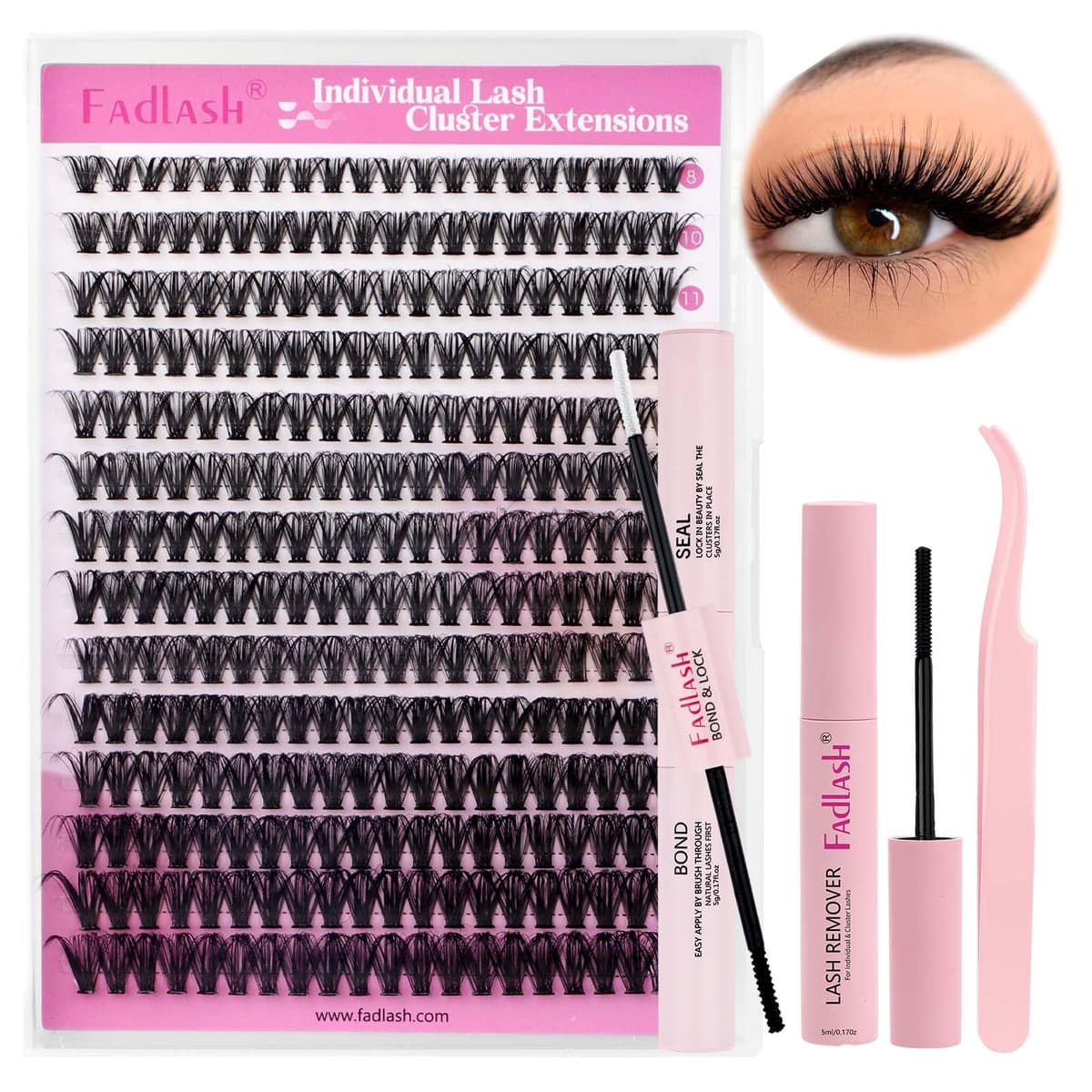 FADLASH 200pcs 0.07mm D Curl 8-16mm Mix with Bond and Seal and Tweezers Soft Wispy Cluster Lashes DIY Eyelash Extensions