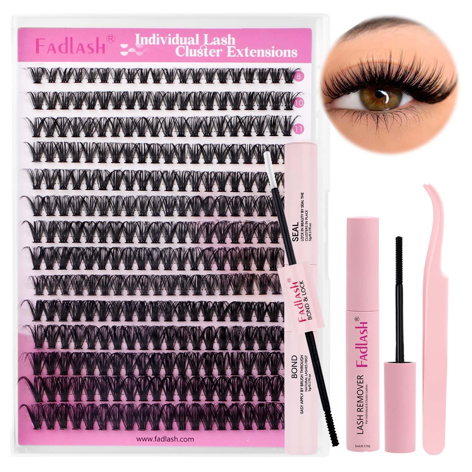 FADLASH 200pcs 0.07mm D Curl 8-16mm Mix with Bond and Seal and Tweezers Soft Wispy Cluster Lashes DIY Eyelash Extensions