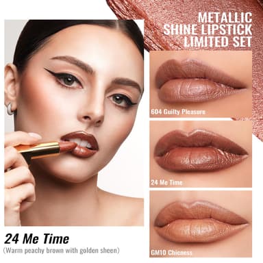 Oulac Brown Metallic Shine Lipstick Set - Lip Set for Women, Orange Lip Color Kit, Creamy Formula, Full Coverage, Hydrating & Smooth, Infused with Shea Butter, Vegan, Clean Beauty B604(604+D24+GM10) view 2