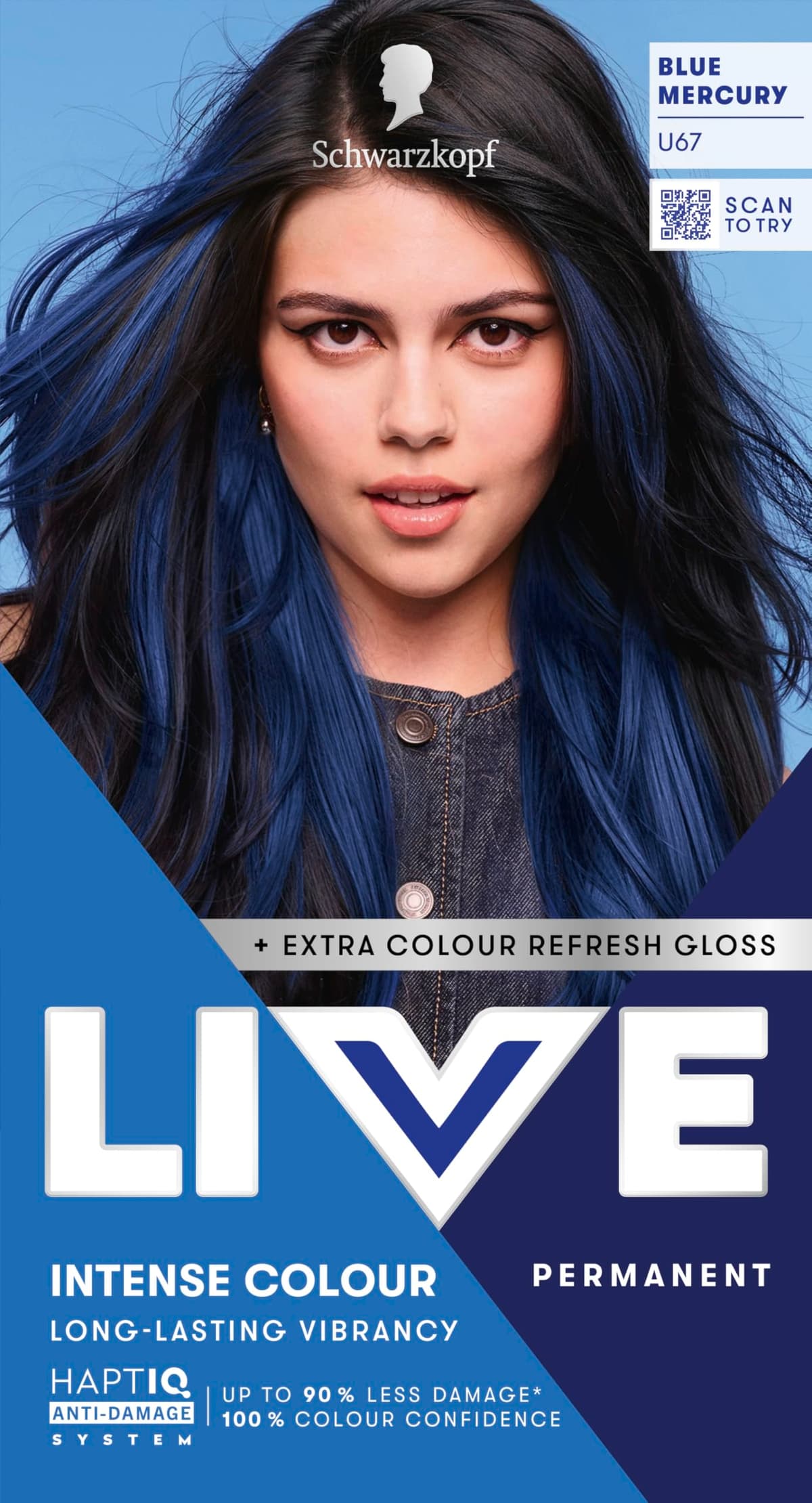 Schwarzkopf LIVE Intense Colour U67 Blue Mercury, Long-lasting Permanent Blue Hair Dye, With Extra Colour Refresh Gloss