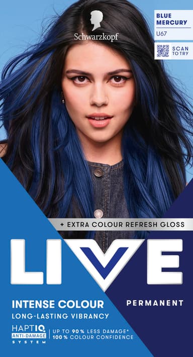 Schwarzkopf LIVE Intense Colour U67 Blue Mercury, Long-lasting Permanent Blue Hair Dye, With Extra Colour Refresh Gloss view 1