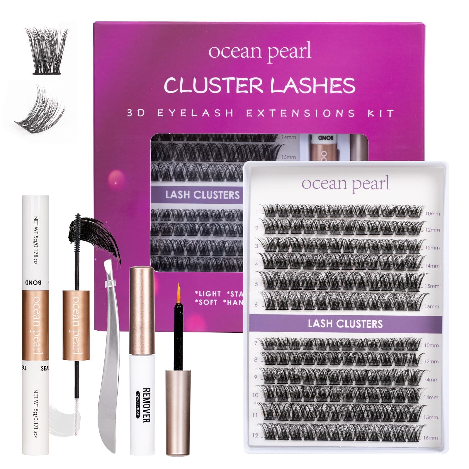 Ocean Pearl Cluster Lashes 144PCS Eyelashes 10-16mm Lash Clusters Natural Eyelash Extension Cluster Lashes Kit Individual Eyelash Lash Extensions Kit with Super Bond+Seal+Remover+Tweezer-DM01