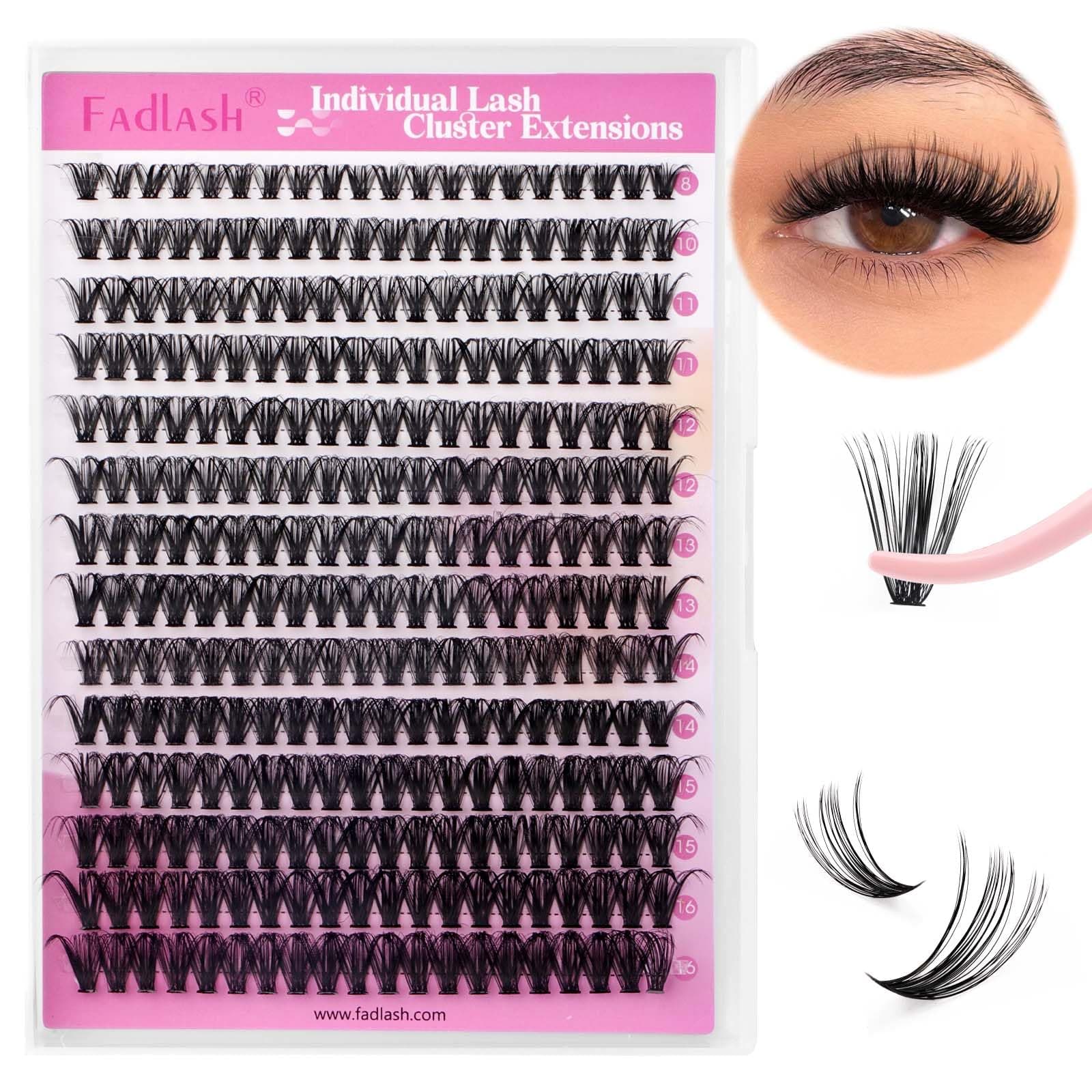 FADLASH 200pcs 0.07mm D Curl 8-16mm 40D Natural Look Cluster Lashes with Bond and Seal and Tweezers DIY Eyelash Extensions