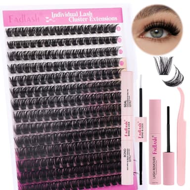 FADLASH 100D 0.07mm D Curl 8-16mm with Bond and Seal, Remover and Tweezers Fluffy Wispy Cluster Lashes DIY Eyelash Extensions view 2