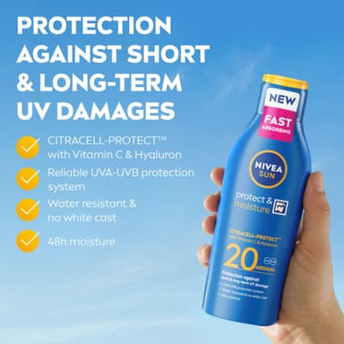 NIVEA SUN Protect & Moisture Sun Lotion SPF 20 (200 ml), Suncream with Vitamin C and Hyaluron, Provides 48 Hour Moisture and Immediate UVA/UVB Protection, Fast-Absorbing, No White Cast Formula view 2