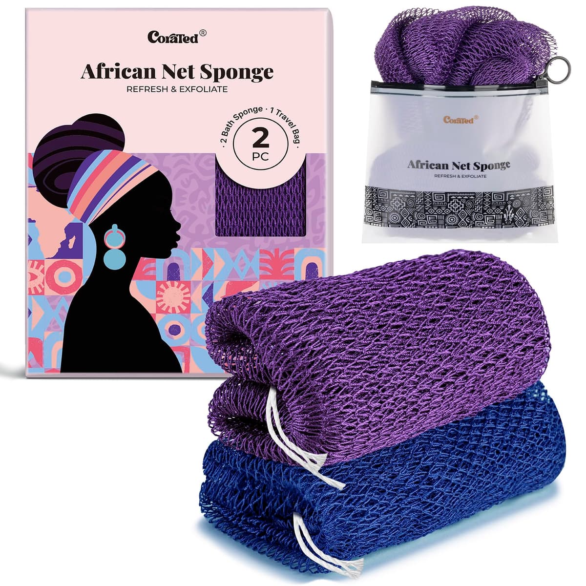 CORATED 2pcs African Exfoliating Net Sponge - Bath & Shower Net Sponges, Scrubbing Net Body, Beauty Skin Cleaning for Shower SPA Massage (Blue & Purple)