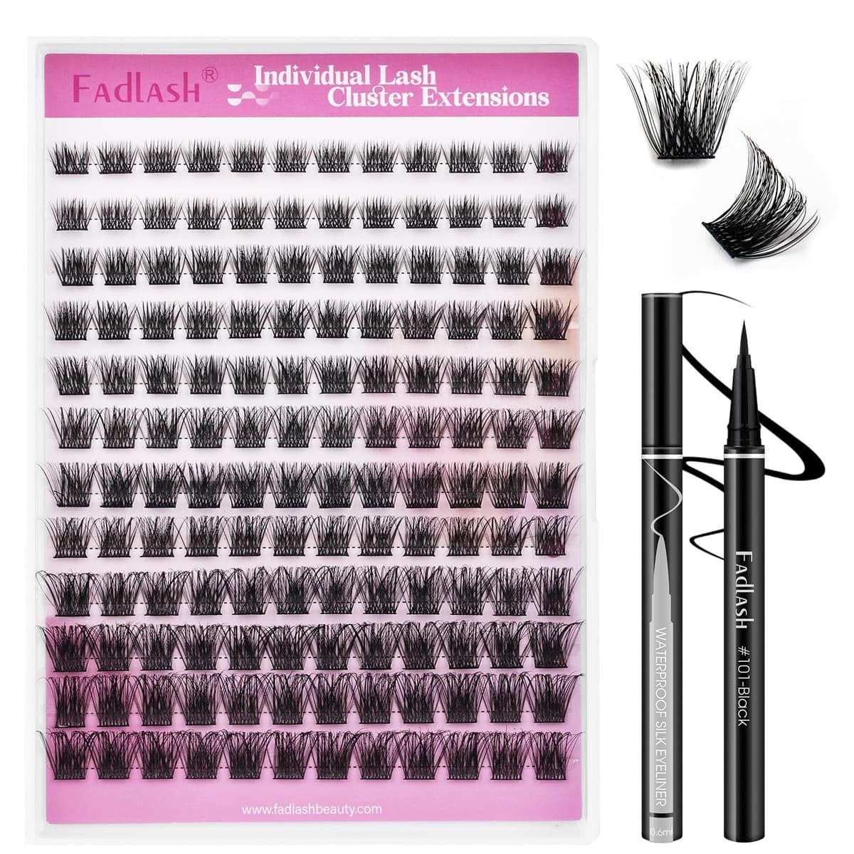 FADLASH 120pcs 0.07mm D Curl 8-16mm 40D with Black Eyeliner Wispy Mixed Trays Customizable DIY Eyelash Extensions for Beginners