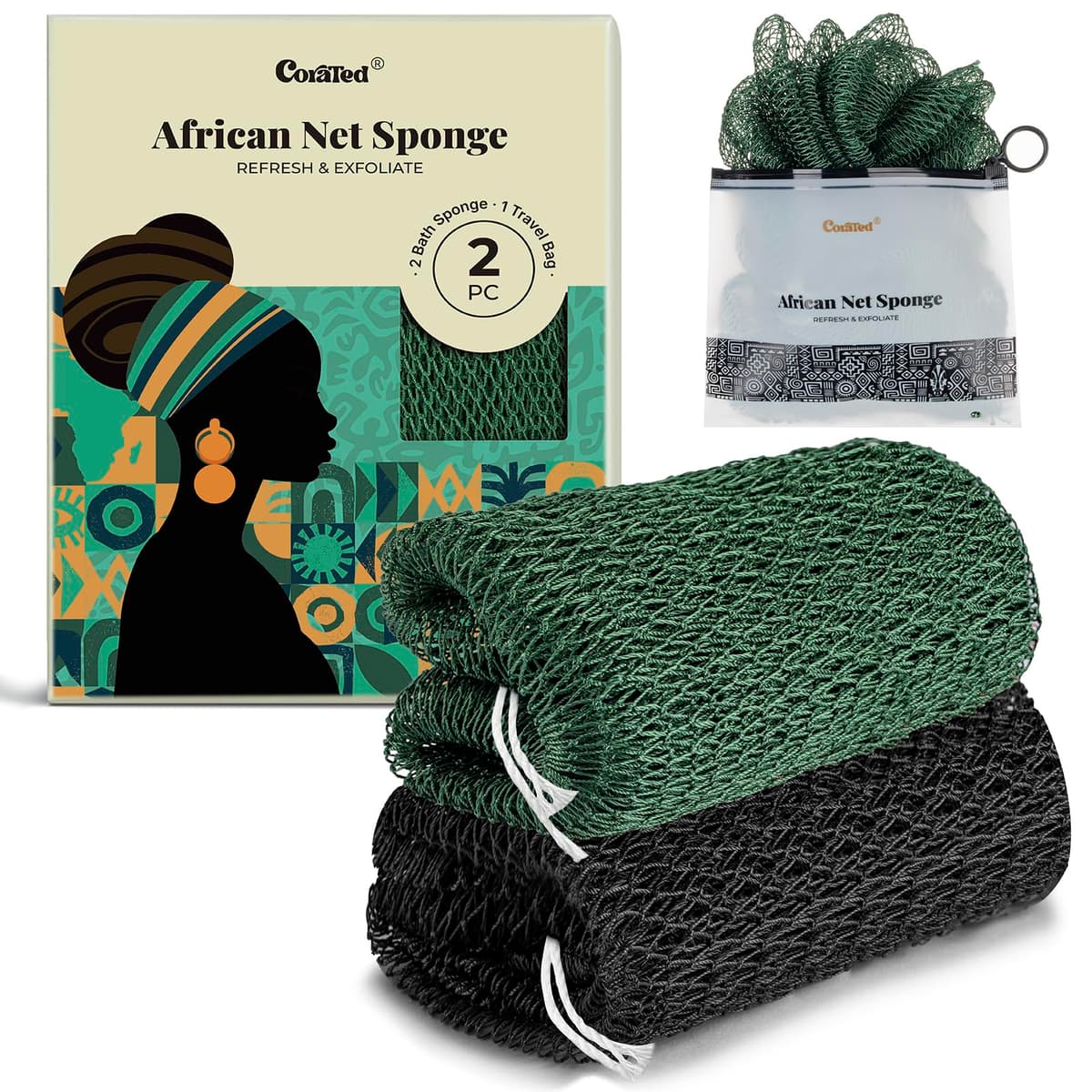 CORATED 2pcs African Exfoliating Net Sponge - Bath & Shower Net Sponges, Scrubbing Net Body, Beauty Skin Cleaning for Shower SPA Massage (Black & Dark Green)