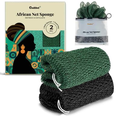 CORATED 2pcs African Exfoliating Net Sponge - Bath & Shower Net Sponges, Scrubbing Net Body, Beauty Skin Cleaning for Shower SPA Massage (Black & Dark Green) view 1