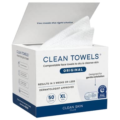 Clean Skin Club Clean Towels XL®, 100% USDA Biobased Face Towel, Disposable Face Towelette, Eczema Association Accepted, Makeup Remover Dry Wipes, Ultra Soft, 1 Pack, 50 Ct view 1