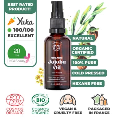 BIONOBLE Organic Jojoba Oil Cold Pressed Unrefined - Balances Sebum, Smoothes, Anti-Acne - 100% Pure Jojoba Oil for Skin, Face, Hair, Body - Vegan, Hexane Free - Glass Bottle, Pipette and Pump - 50ml view 2