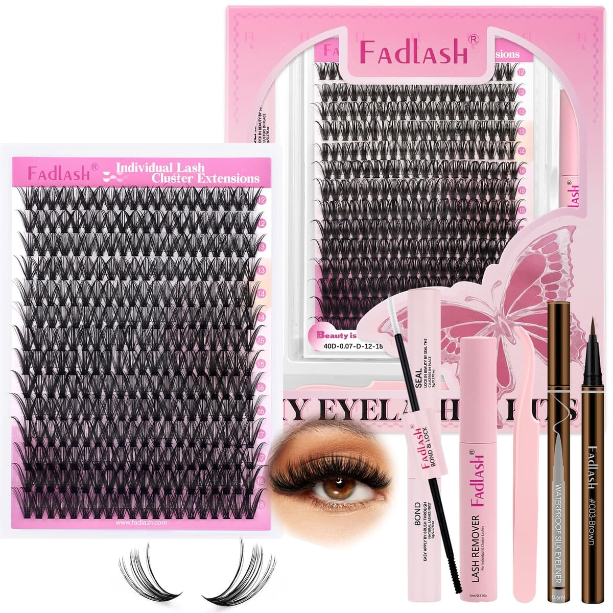 FADLASH 40D 0.07mm D Curl 12-18mm Kit with Brown Eyeliner, Bond and Seal, Remover and Tweezers DIY Eyelash Extensions