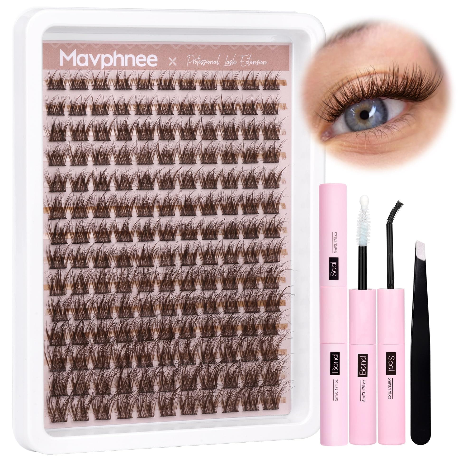 Brown Lash Clusters Kit Natural Dark Brown Eyelash Extensions Kit Wispy Individual Lashes C-Curly Cluster Lashes Extensions with Bond and Seal Lash Glue and Eyelashes Tweezers DIY Eyelashes Kit