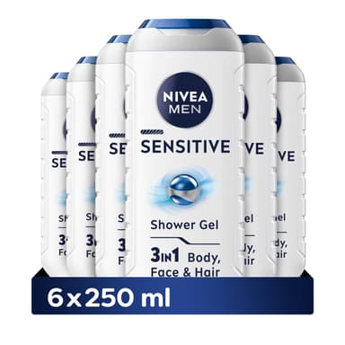 NIVEA MEN Sensitive Shower Gel Pack of 6 (6 x 250 ml), Alcohol-Free Sensitive Skin Body Wash, Gentle Shower Gel Men with Bamboo Extract, Body Wash for Men with Irritated Skin view 1