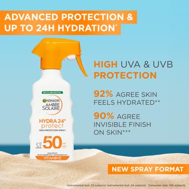 Garnier Ambre Solaire Hydra 24H Protect Trigger Spray SPF50 270ml, Up To 24H Hydration With Vitamin E, Non Greasy Fast Absorption, Water Resistant, Vegan Formula, Cruelty-Free International Approved view 4