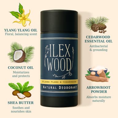 The Ilex Wood Natural Deodorant Stick 70ml – Handmade in UK, Aluminium Salts Free, Plastic Free, Alcohol Free, Vegan, Eco Friendly Cardboard Tube – Ylang Ylang & Cedarwood (Sweet & Woody) view 3