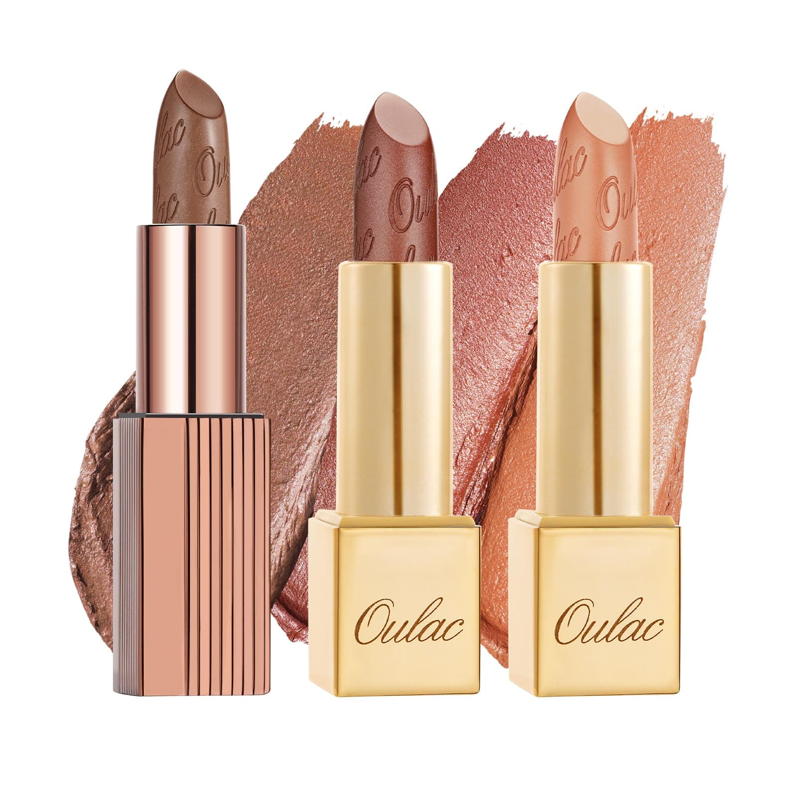 Oulac Brown Metallic Shine Lipstick Set - Lip Set for Women, Orange Lip Color Kit, Creamy Formula, Full Coverage, Hydrating & Smooth, Infused with Shea Butter, Vegan, Clean Beauty B604(604+D24+GM10)