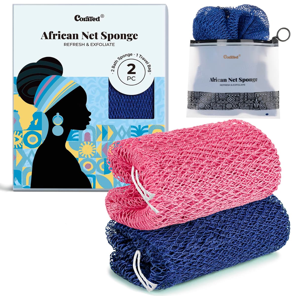 CORATED 2pcs African Exfoliating Net Sponge Set - Bath & Shower Net Sponges, Back Scrubber Washcloth for Shower, Beauty Skin Cleaning for Shower Spa Massage (Pink & Blue)
