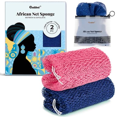 CORATED 2pcs African Exfoliating Net Sponge Set - Bath & Shower Net Sponges, Back Scrubber Washcloth for Shower, Beauty Skin Cleaning for Shower Spa Massage (Pink & Blue) view 1