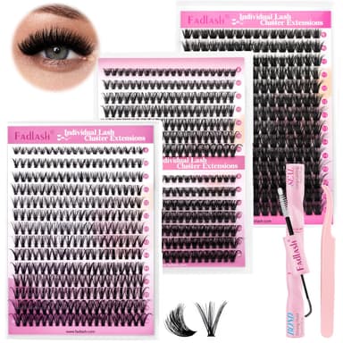 FADLASH 4 Sizes 0.07D 100D 8-16mm, 30D40D 8-14mm, 0.07C 10D30D 8-16mm with Bond and Seal, Remover and Tweezers Wispy Russian 3D Fluffy Cluster Lashes DIY Eyelash Extensions view 2