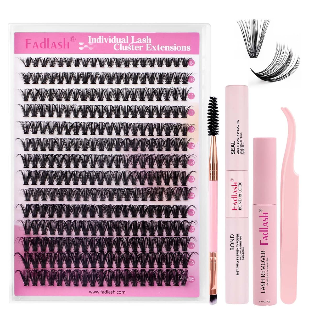 FADLASH 40D 0.07mm D Curl 8-16mm with Bond and Seal, Eyebrow Brush, Tweezers and Remover DIY Eyelash Extensions