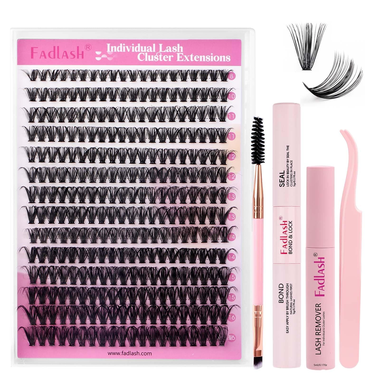 FADLASH 40D 0.07mm D Curl 8-16mm with Bond and Seal, Eyebrow Brush, Tweezers and Remover DIY Eyelash Extensions