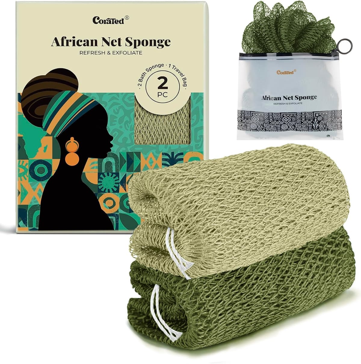 CORATED 2pcs African Exfoliating Net Sponge Set - Bath & Shower Net Sponges, Back Scrubber Washcloth for Shower, Beauty Skin Cleaning for Shower Spa Massage (Olive Green & Light Green)