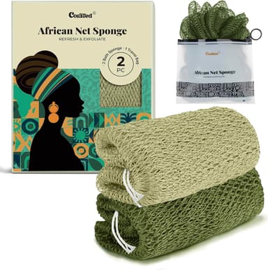 CORATED 2pcs African Exfoliating Net Sponge Set - Bath & Shower Net Sponges, Back Scrubber Washcloth for Shower, Beauty Skin Cleaning for Shower Spa Massage (Olive Green & Light Green) view 1