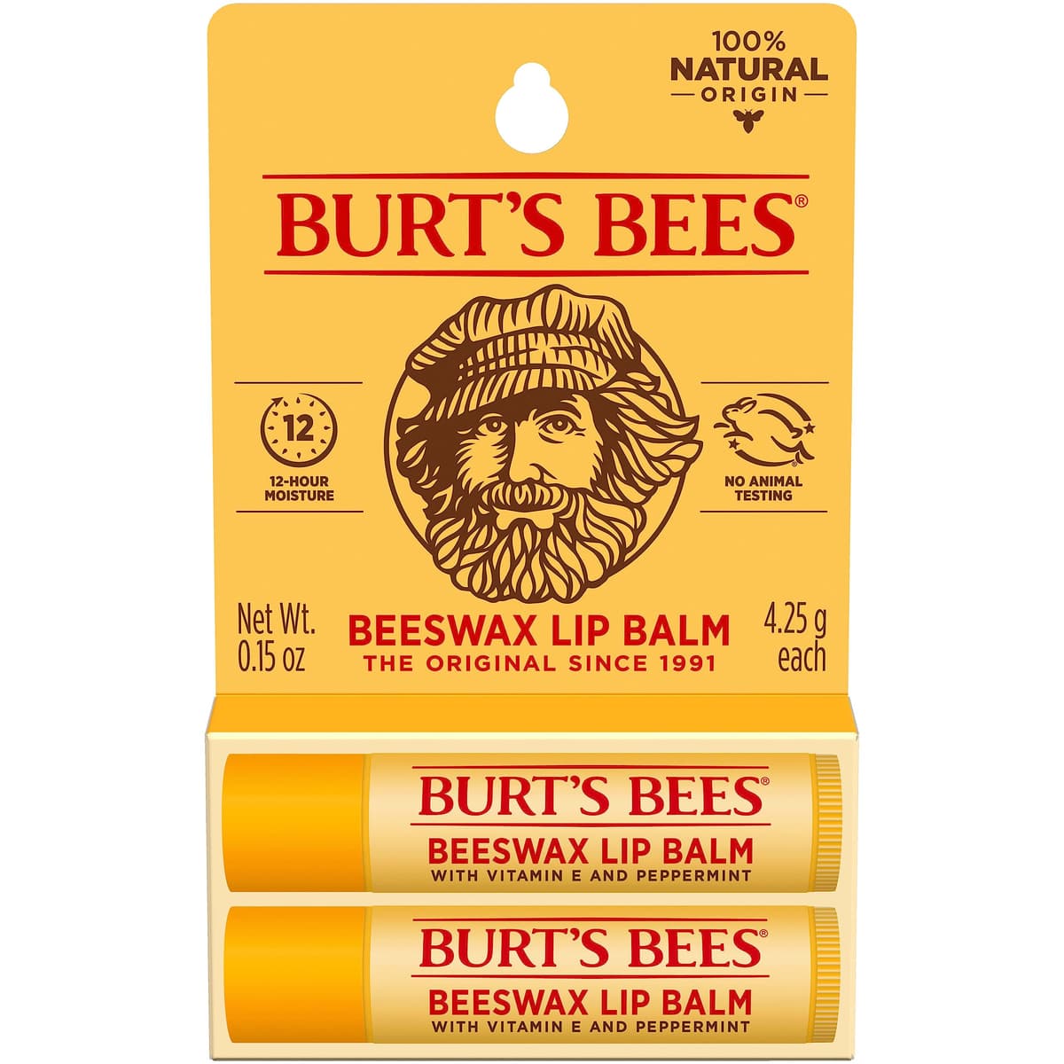 Burt's Bees 100% Natural Moisturizing Lip Balm, Beeswax, 2 Tubes in Blister Box