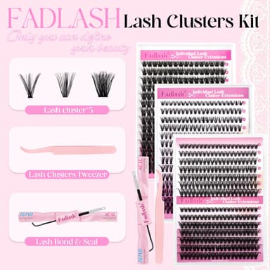 FADLASH 4 Sizes 0.07D 100D 8-16mm, 30D40D 8-14mm, 0.07C 10D30D 8-16mm with Bond and Seal, Remover and Tweezers Wispy Russian 3D Fluffy Cluster Lashes DIY Eyelash Extensions view 3
