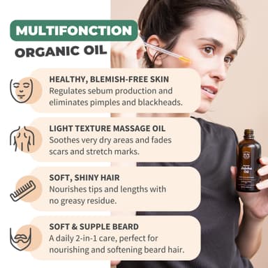 BIONOBLE Organic Jojoba Oil Cold Pressed Unrefined - Balances Sebum, Smoothes, Anti-Acne - 100% Pure Jojoba Oil for Skin, Face, Hair, Body - Vegan, Hexane Free - Glass Bottle, Pipette and Pump - 50ml view 3