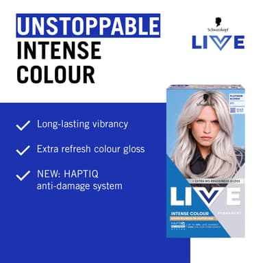 Schwarzkopf LIVE Intense Colour B15 Platinum Blonde, Long-lasting Permanent Blonde Hair Dye, Iconic Blondes on Lighter Hair, With Extra No-Brassiness Gloss view 3