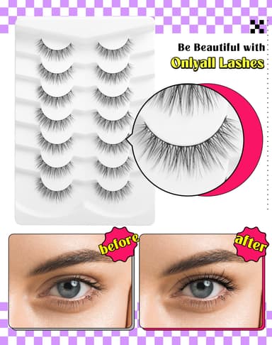 Onlyall Short Lashes Natural Look Wispy False Eyelashes Asian Flared Eyelash Small Fake Eye Lash Soft Fluffy 7 Pairs DK14 view 3