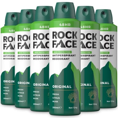 Rock Face Antiperspirant Deodorant for Men - Original Fresh Citrus Scent, 200ml Spray, 48 Hour Protection, Non-Staining, Multipack of 6 view 1