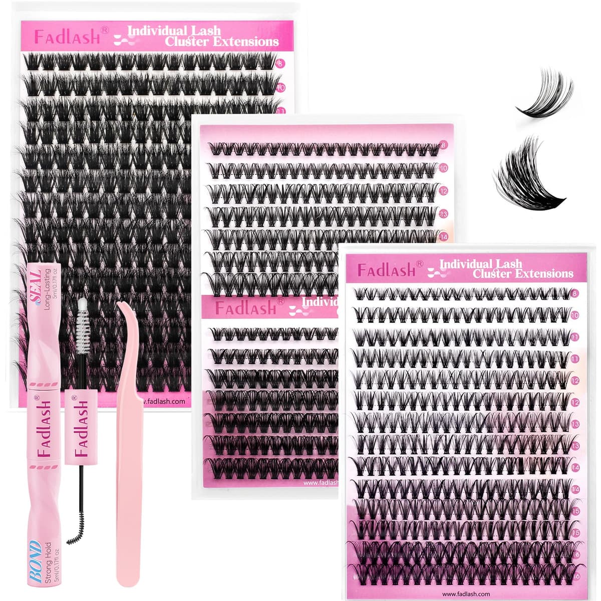 FADLASH 4 Sizes 0.07D 100D 8-16mm, 30D40D 8-14mm, 0.07C 10D30D 8-16mm with Bond and Seal, Remover and Tweezers Wispy Russian 3D Fluffy Cluster Lashes DIY Eyelash Extensions
