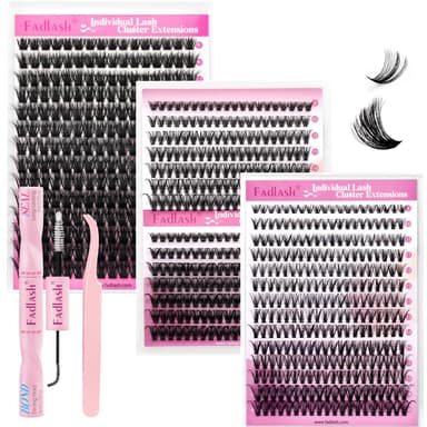 FADLASH 4 Sizes 0.07D 100D 8-16mm, 30D40D 8-14mm, 0.07C 10D30D 8-16mm with Bond and Seal, Remover and Tweezers Wispy Russian 3D Fluffy Cluster Lashes DIY Eyelash Extensions view 1