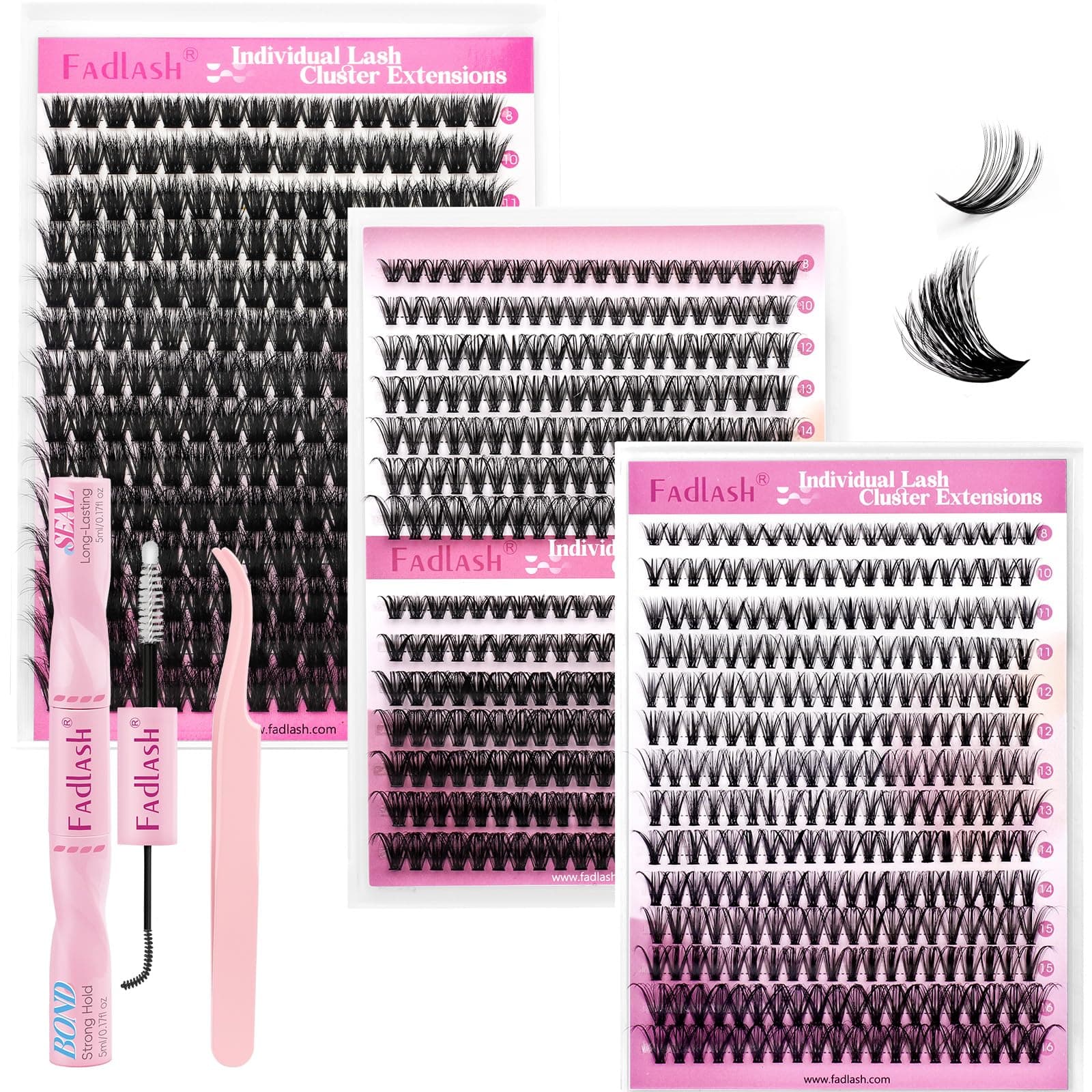 FADLASH 4 Sizes 0.07D 100D 8-16mm, 30D40D 8-14mm, 0.07C 10D30D 8-16mm with Bond and Seal, Remover and Tweezers Wispy Russian 3D Fluffy Cluster Lashes DIY Eyelash Extensions