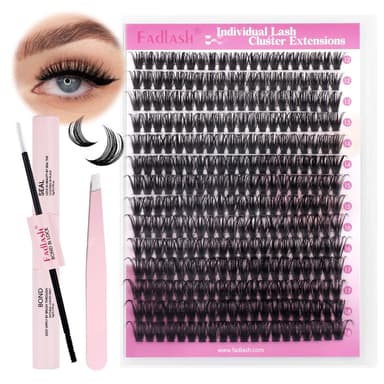 FADLASH 60D 0.07mm D Curl 12-18mm with Bond and Seal and Tweezers Natural Cluster Lashes DIY Eyelash Extensions view 1