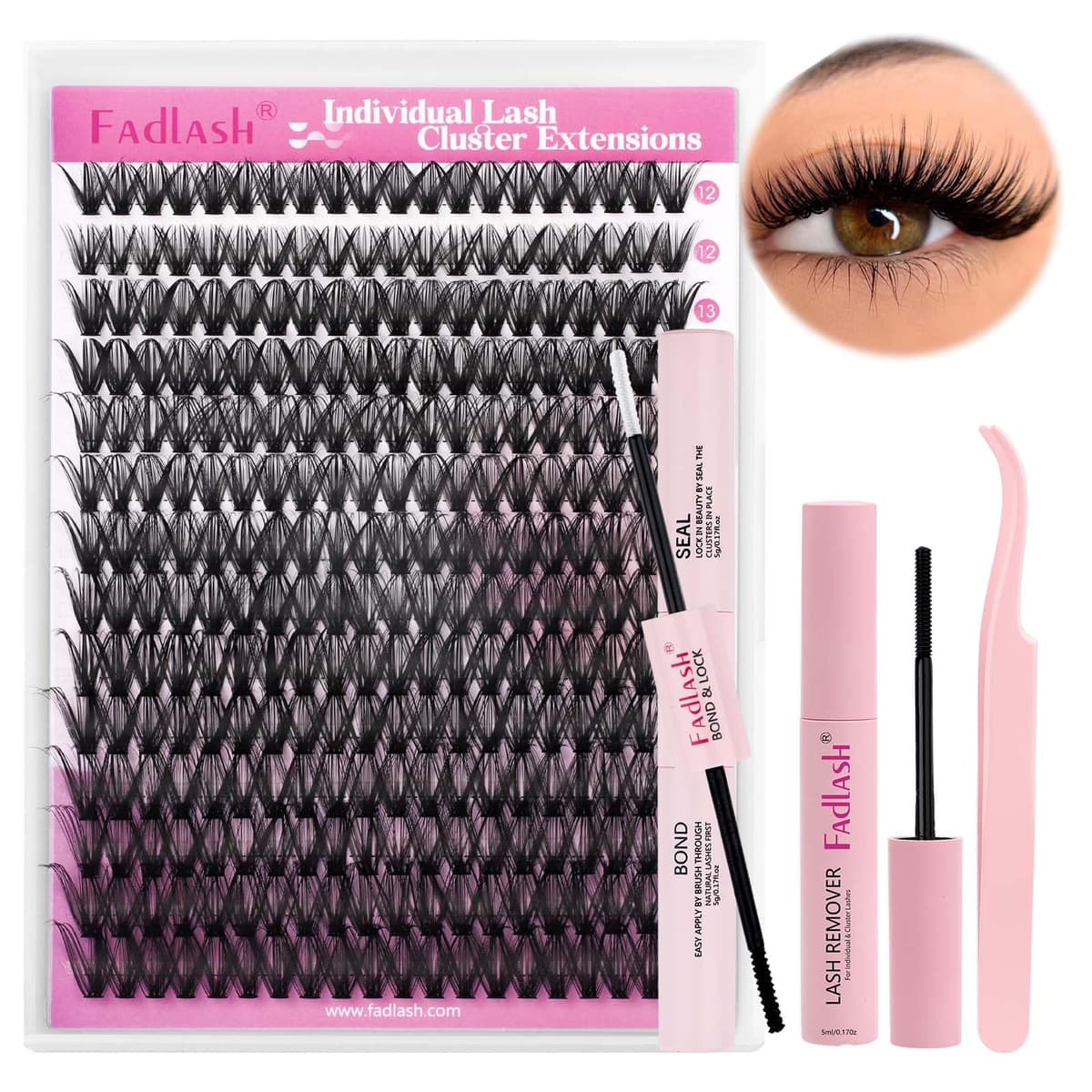 FADLASH 40D 0.07mm D Curl 12-18mm Kit with Bond and Seal, Remover and Tweezers DIY Eyelash Extensions