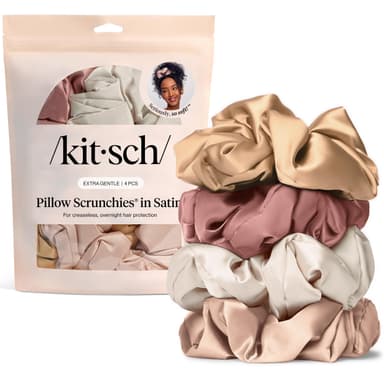 Kitsch Pillow Satin Scrunchies for Women - Hair Ties No Damage, No Crease Hair Accessories | Perfect for Day or Night | Ideal Gifts for Women - Neutral Multicolor, 4pcs view 1