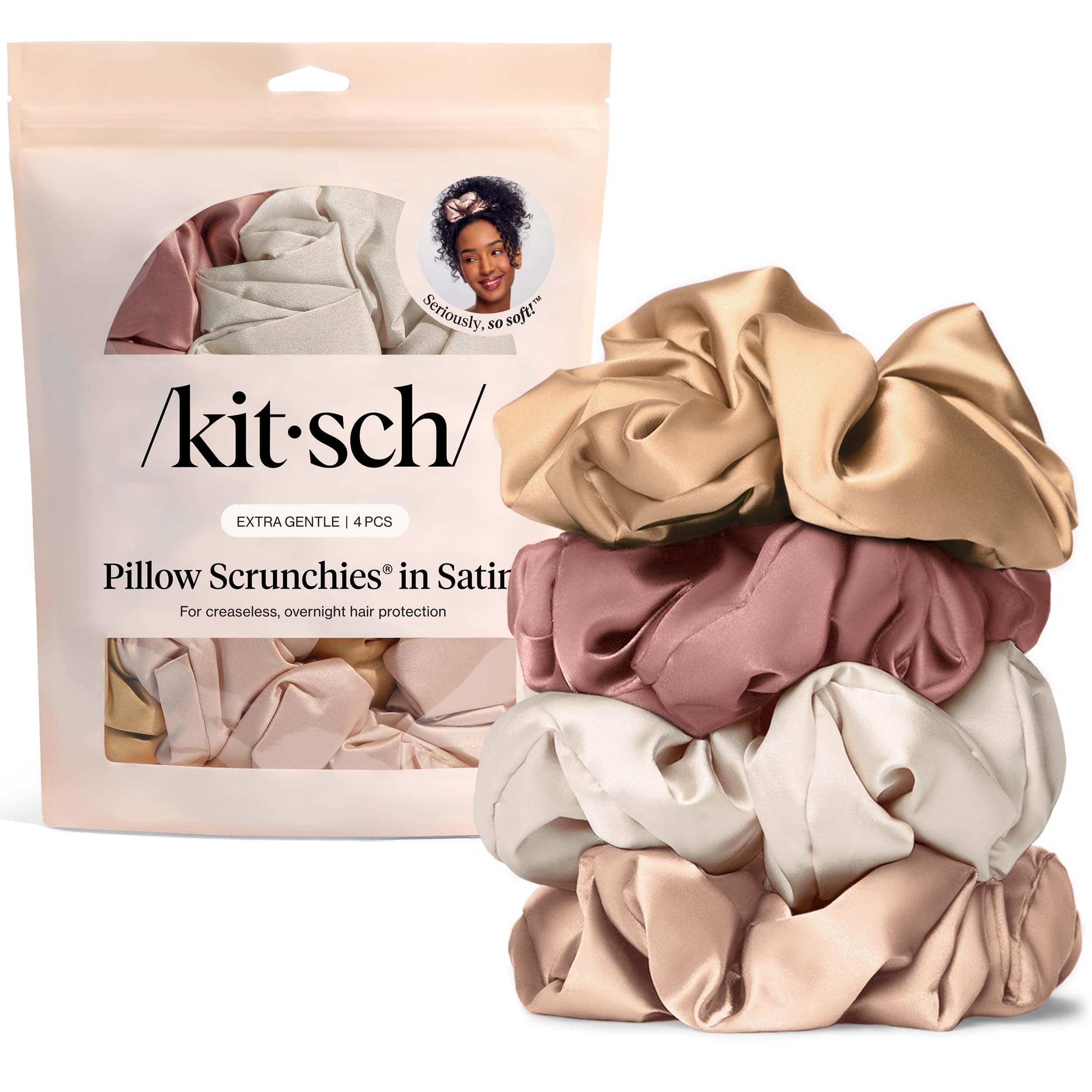 Kitsch Pillow Satin Scrunchies for Women - Hair Ties No Damage, No Crease Hair Accessories | Perfect for Day or Night | Ideal Gifts for Women - Neutral Multicolor, 4pcs